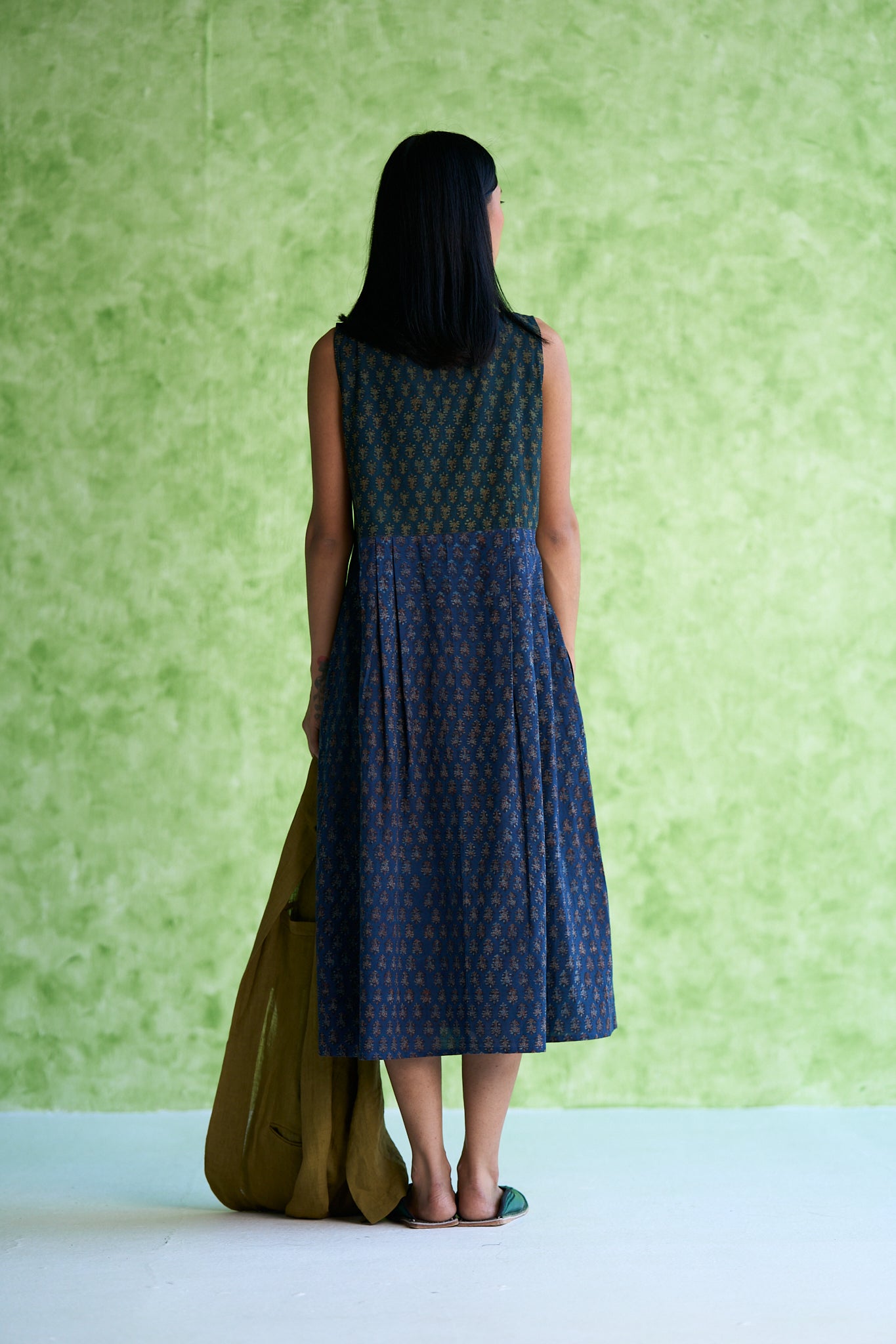 Madonna Hand block printed Box Pleated Dress