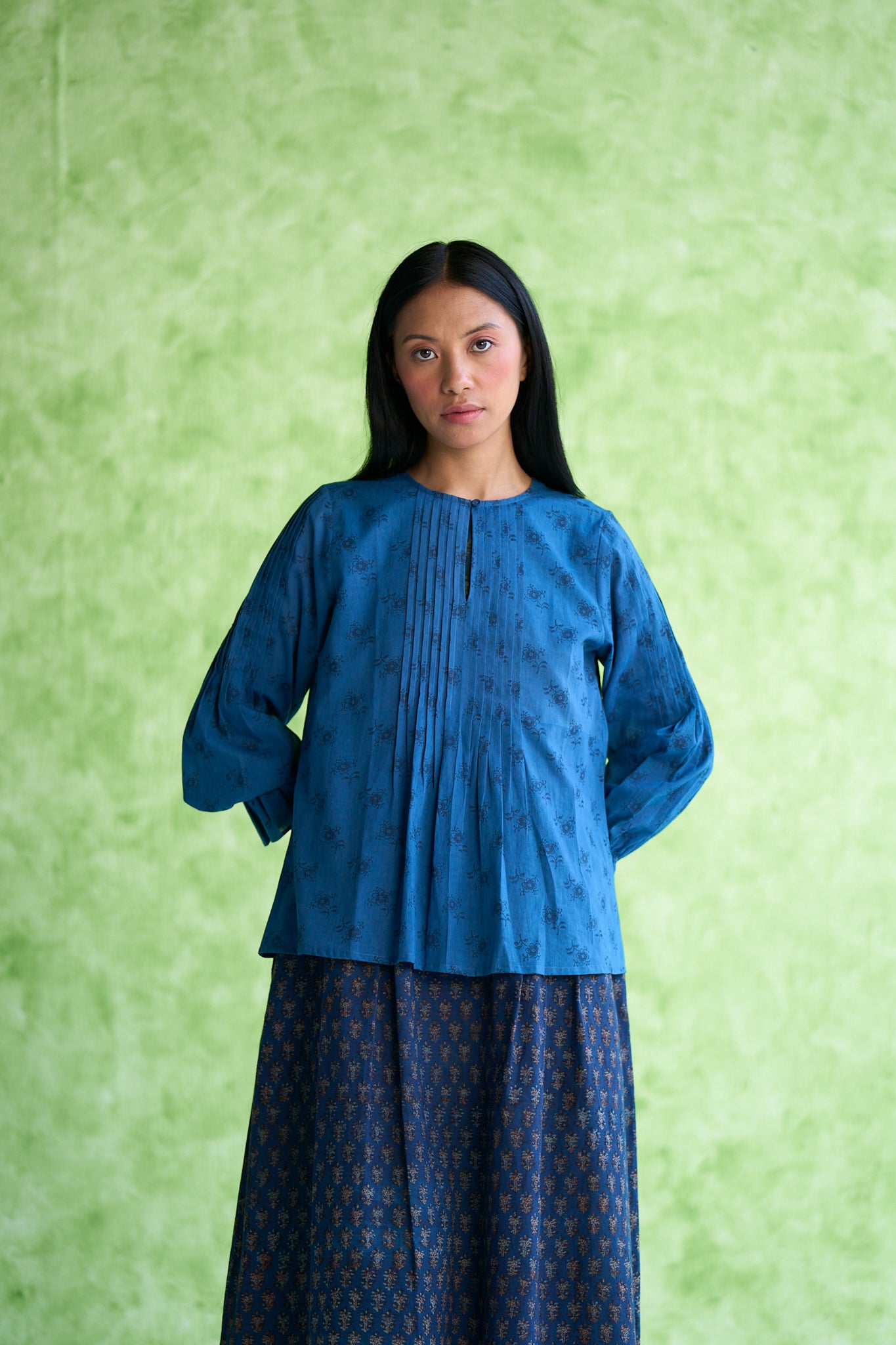Flora Indigo pintuck top
