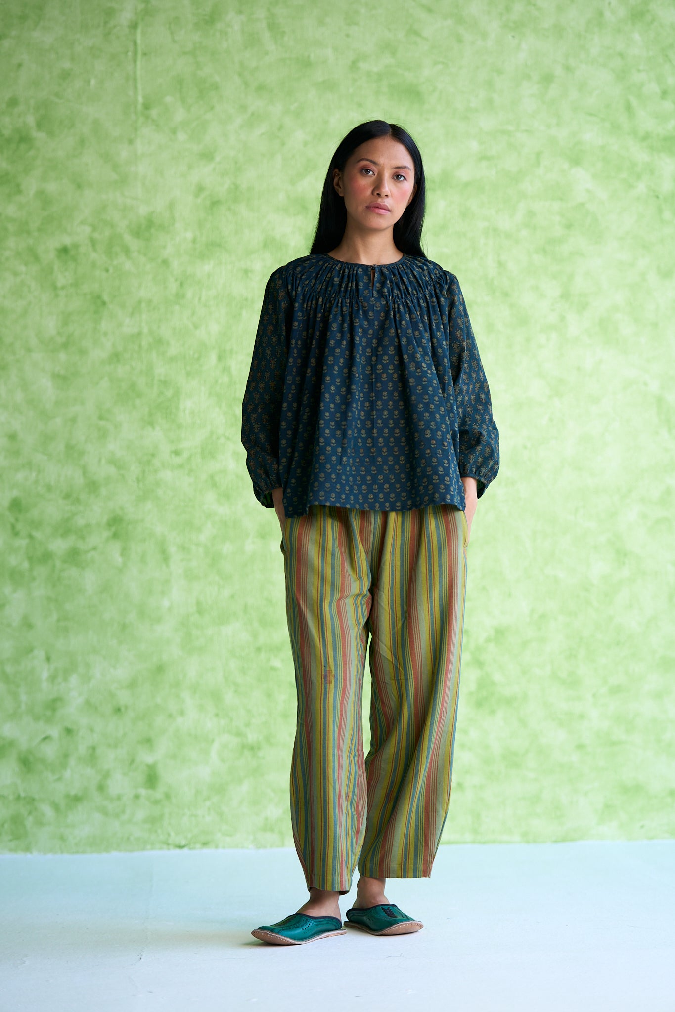 Roony Hand block printed smocked neck