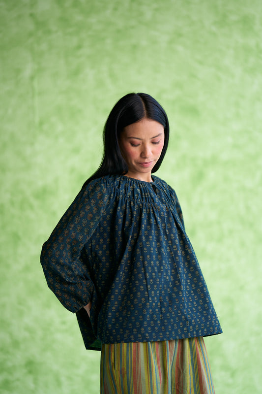 Roony Hand block printed smocked neck