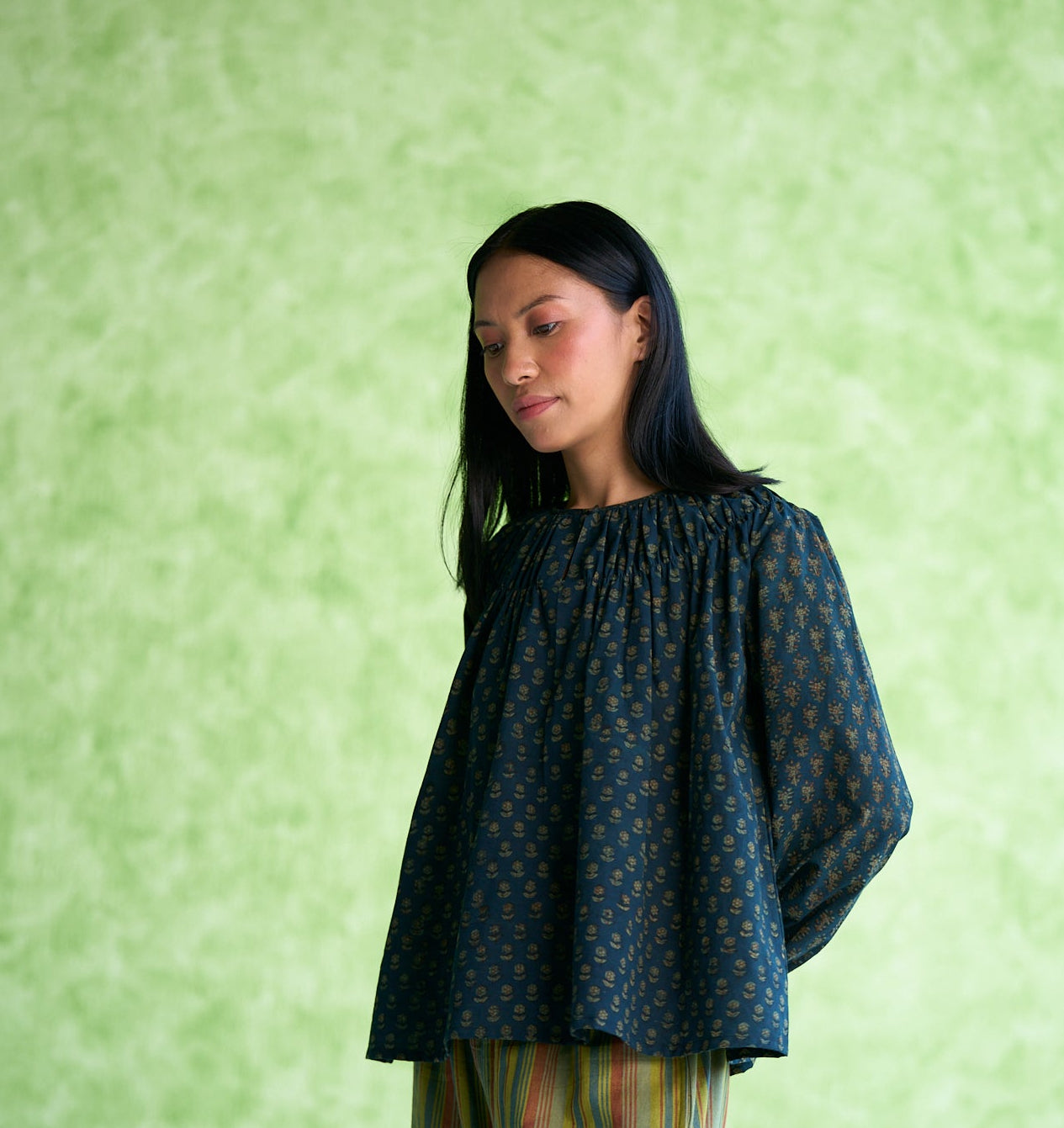 Roony Hand block printed smocked neck