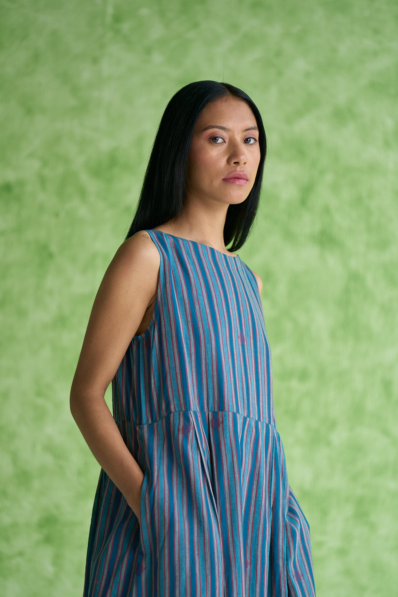 Zola Handwoven stripe Box Pleated Dress