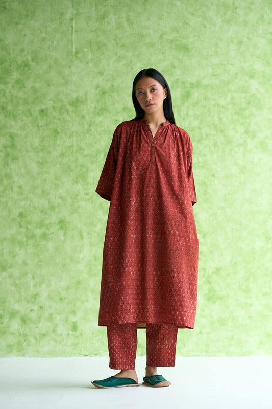 Trisha Hand block printed Gathered neck tunic & Pant set