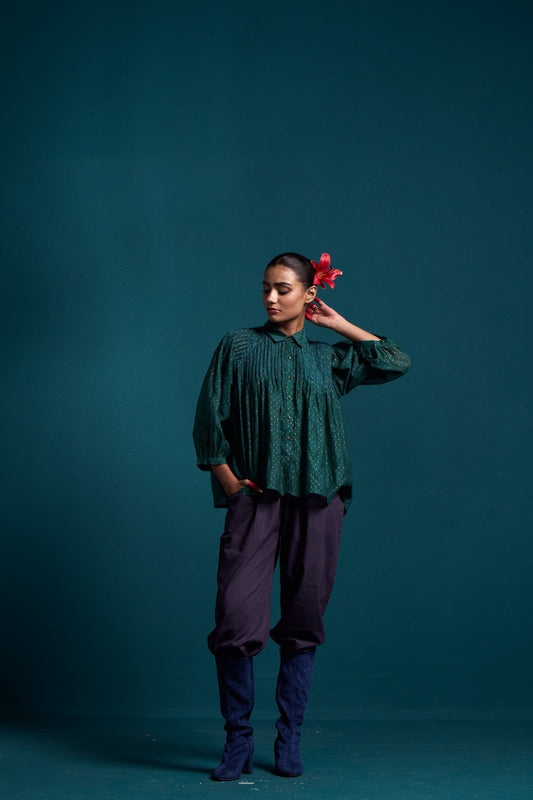 Lapiz pintuck printed chanderi top
