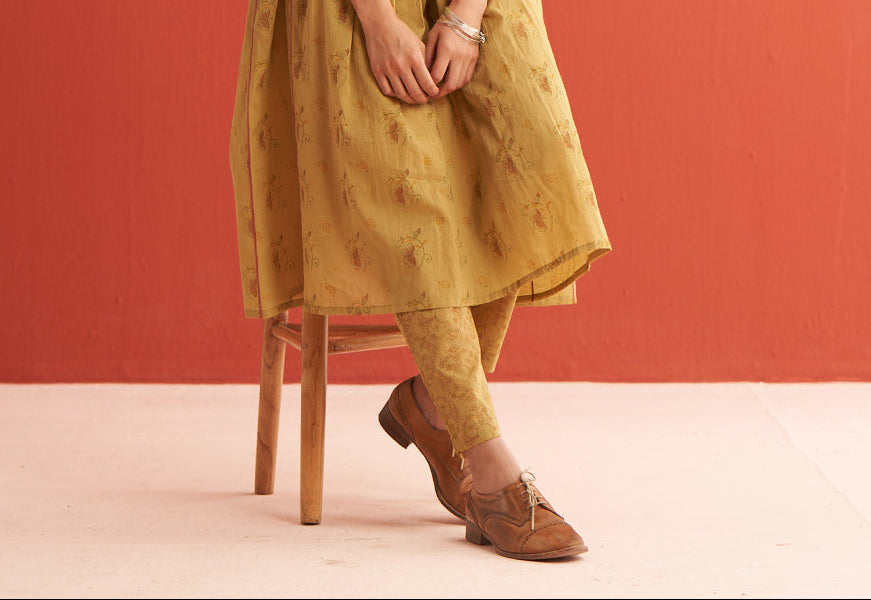 Lace Gathered Neck hand block printed kurta