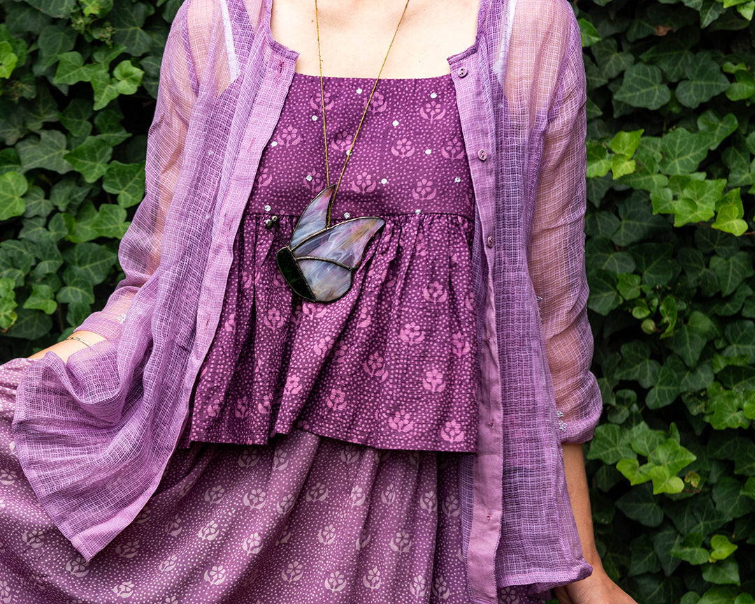 Lavender Sheer Embroidered Overlay Top shopindigene