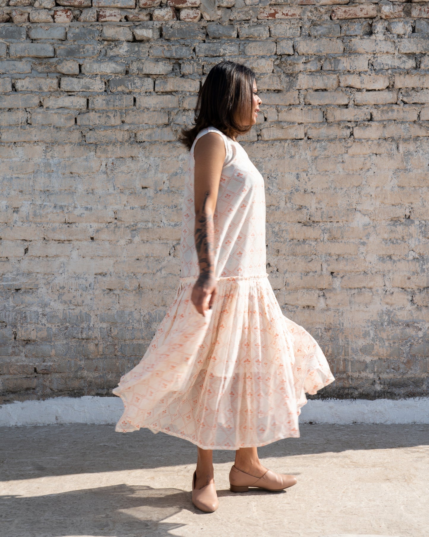 Dana Silk Cotton Hand printed Pleated Hem Dress