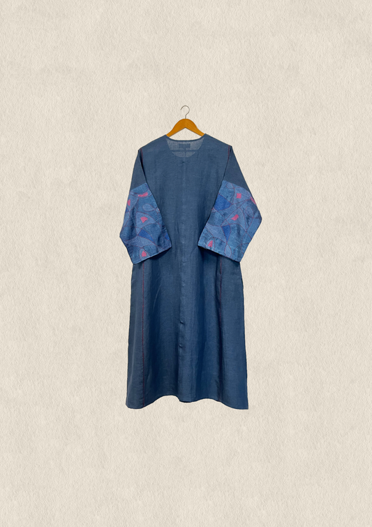 Linen Button Down Kurta w/ Silk Embroidered Sleeves