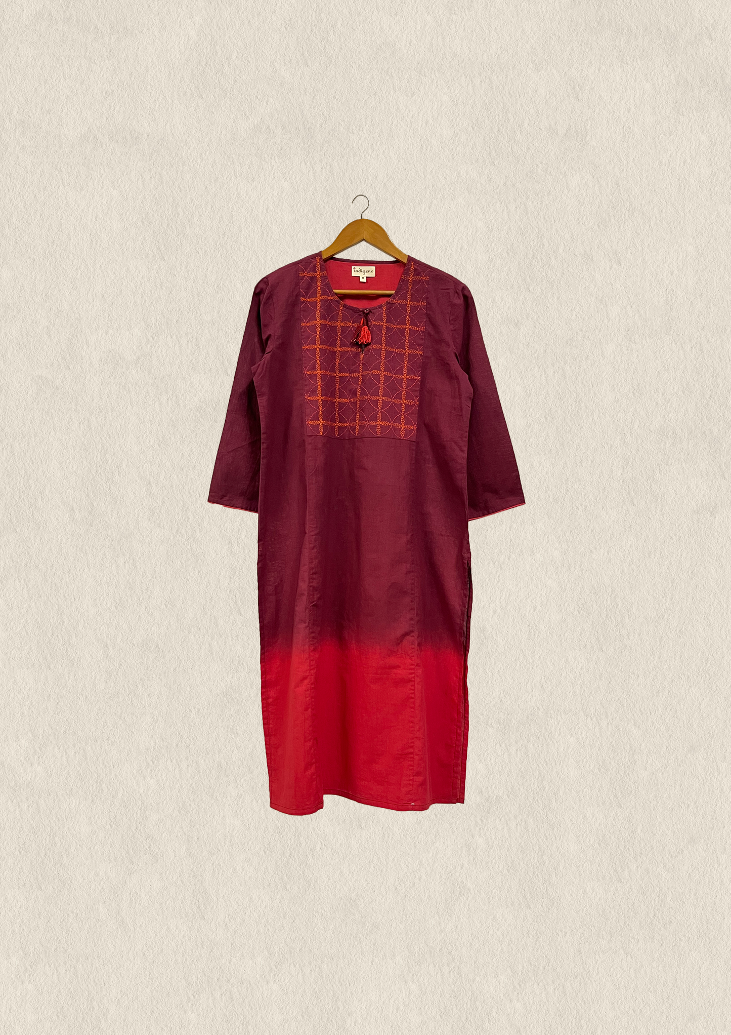 Cotton slub kurta embroidered yoke