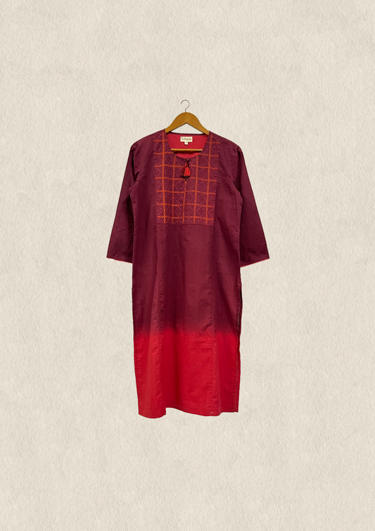 Cotton slub kurta embroidered yoke