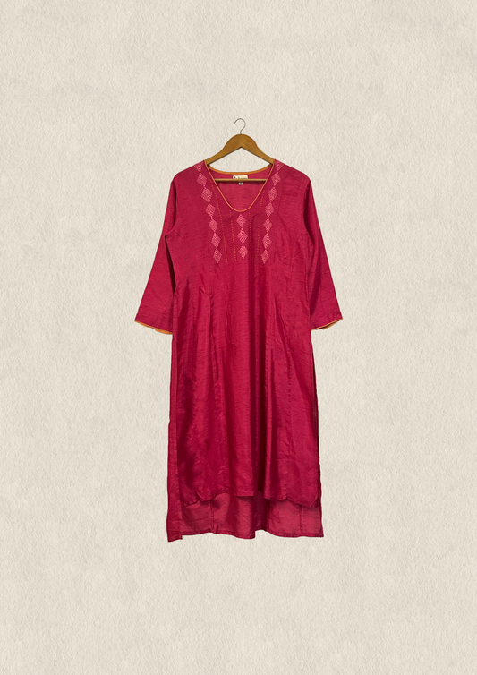 Fuschia modal silk embroidered kurta