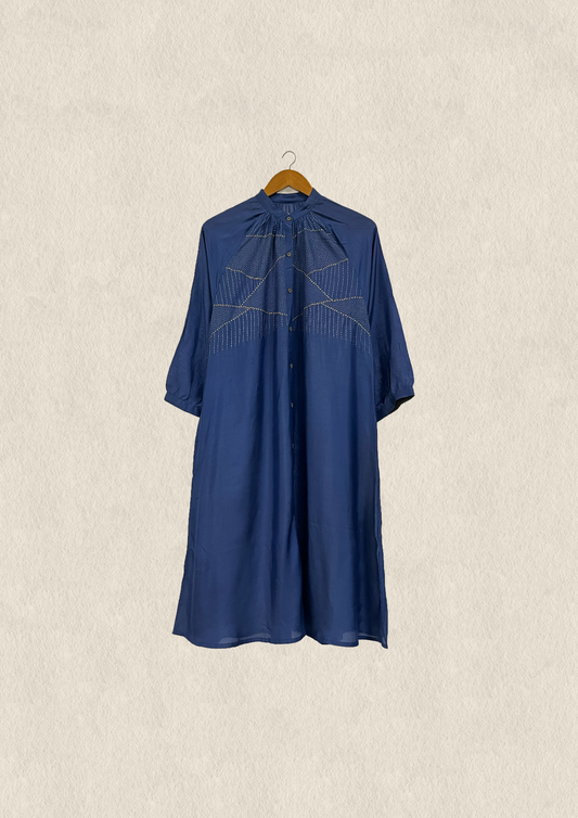 Navy layered embroidered button down dress