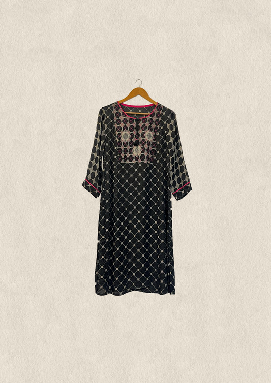 Black discharge embroidered modal kurta