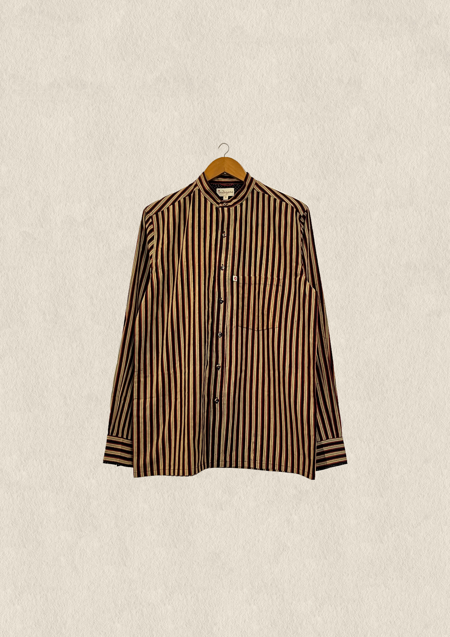 Red/ Black ajrakh stripe mandarin collar men's shirt