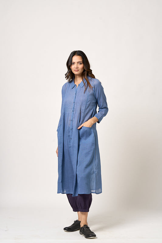 Maple Cotton Button Down Kurta & Aki pant - Ocean blue & prune