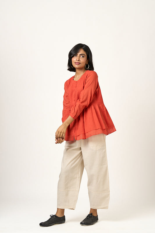 Clover Smocked button down top - Sunset orange