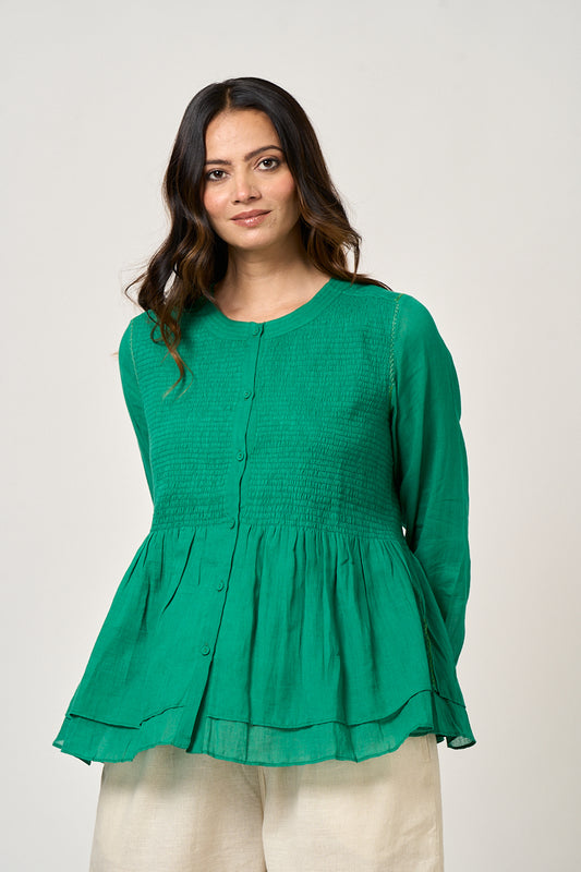 Clover Smocked button down top - Emerald