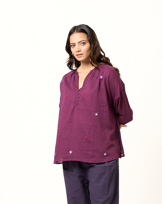 Gathered Neck mulmul top - Aubergine