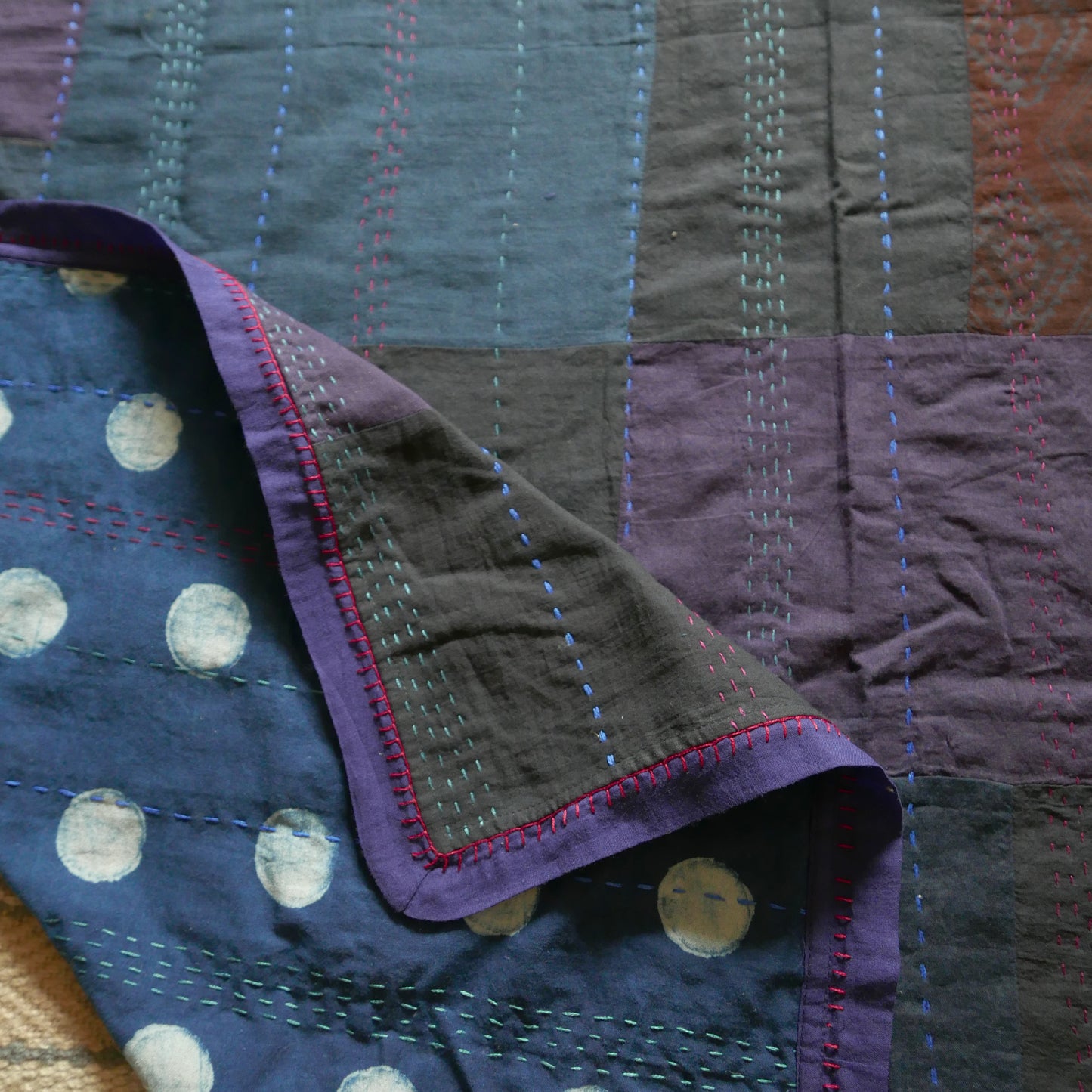 Aubergine Indigo Patch Embroidered Throw / Quilt (MADE TO ORDER)