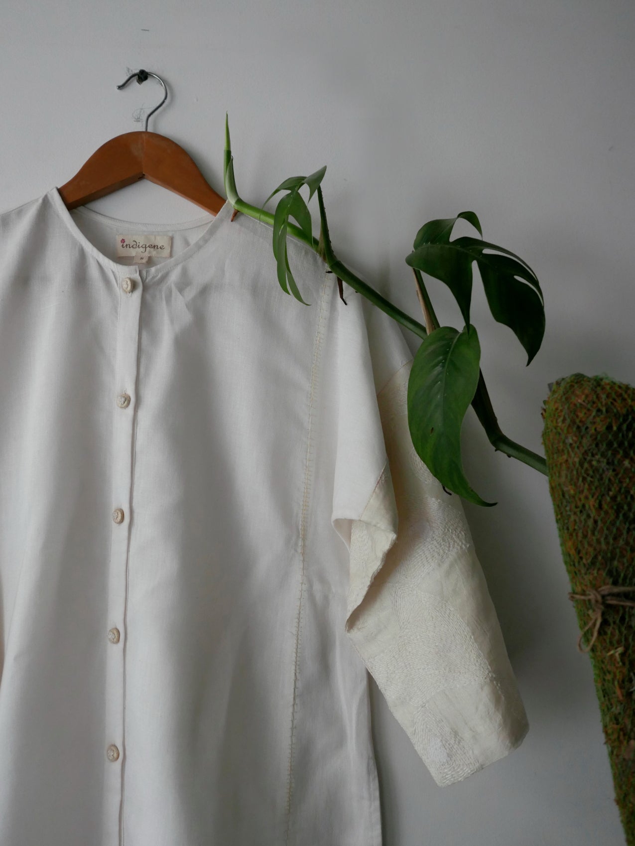 Linen Button Down Kurta w/ Silk Embroidered Sleeves